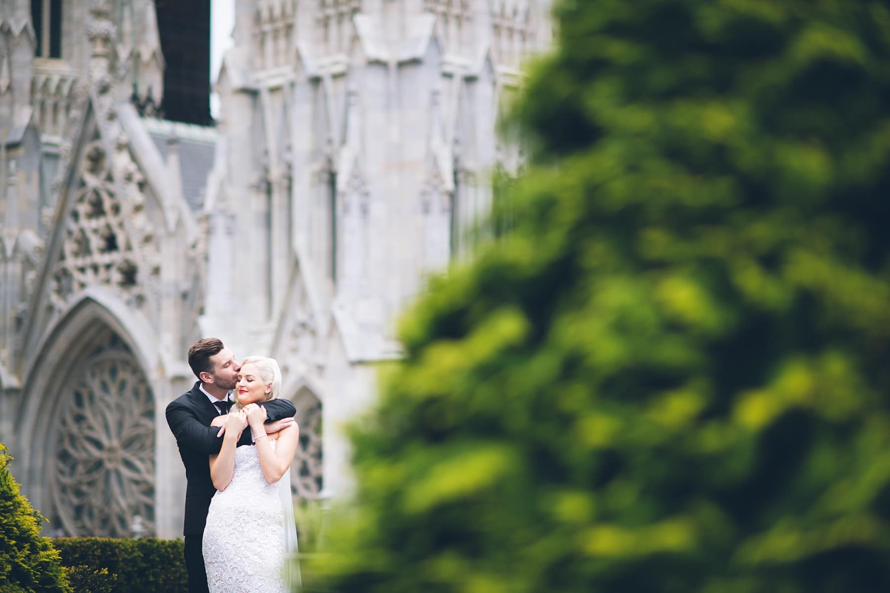 NYC elopement at 620 Loft & Garden with St. Patrick's Cathedral in background