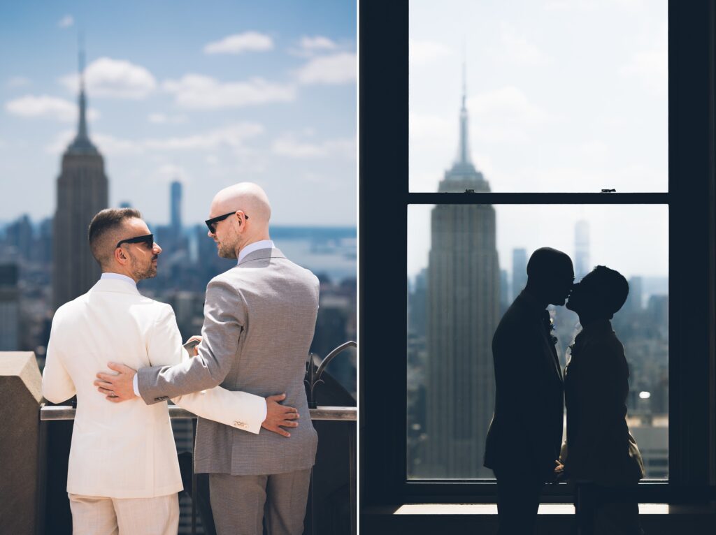 Two grooms getting married at the Top of the Rock rooftop with Manhattan skyline, officiated by Jackie Reinking